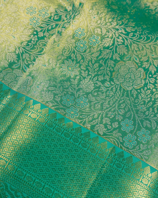 Green Pure Kanjivaram Saree with Floral Jaal, Fine Zari and Rich Border - katansi