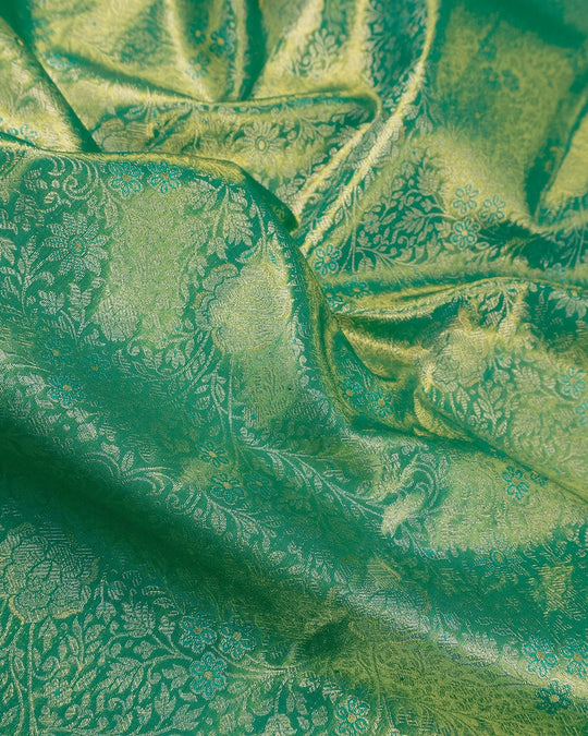 Green Pure Kanjivaram Saree with Floral Jaal, Fine Zari and Rich Border - katansi