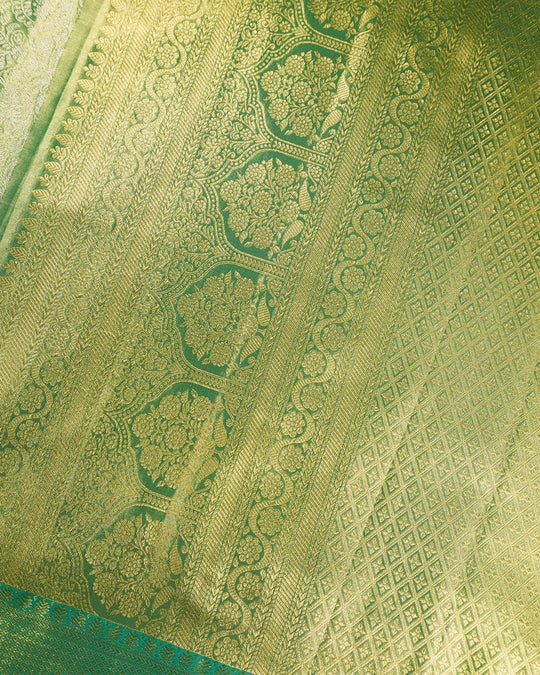 Green Pure Kanjivaram Saree With Teal Accents and Antique Gold Florals - katansi