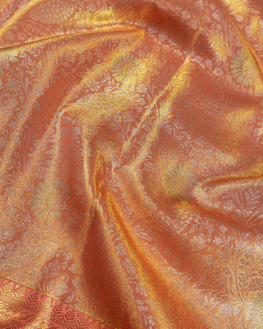 Peach Mist Pure Kanjivaram Saree with Floral Jaal and Broad Border