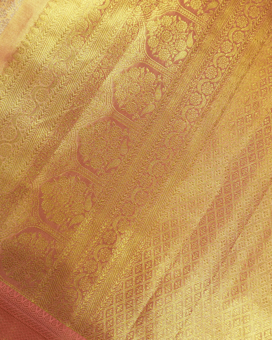 Peach Mist Pure Kanjivaram Saree with Floral Jaal and Broad Border