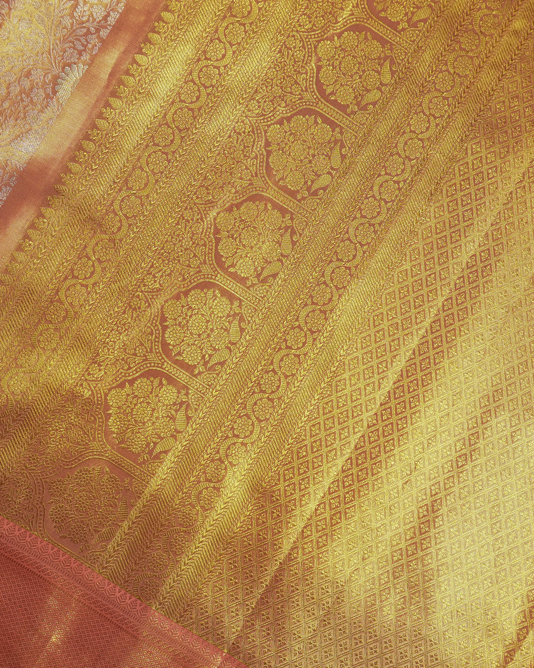 Peach Mist Pure Kanjivaram Saree with Floral Jaal and Broad Border