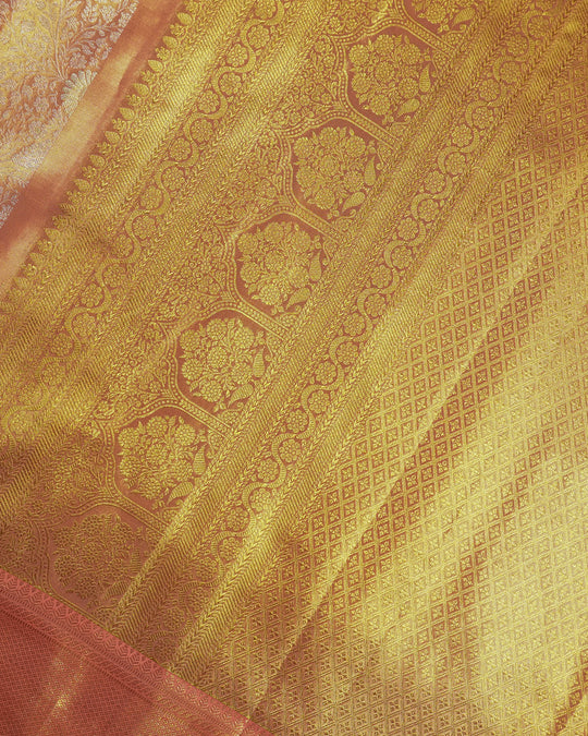 Peach Mist Pure Kanjivaram Saree with Floral Jaal and Broad Border