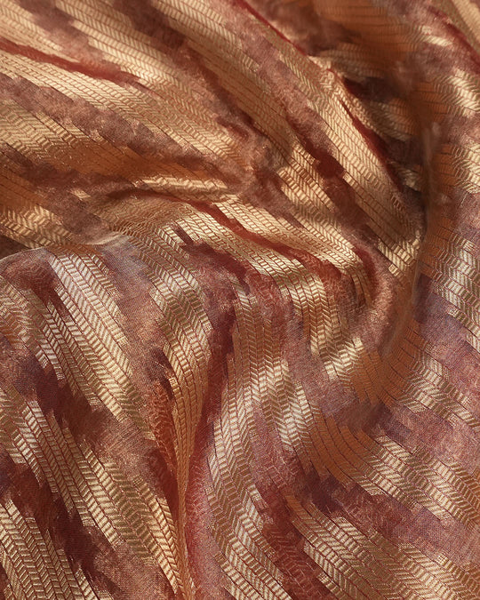 Soft Maroon Pure Tissue Silk with Woven Stripes and Heritage Gold Border