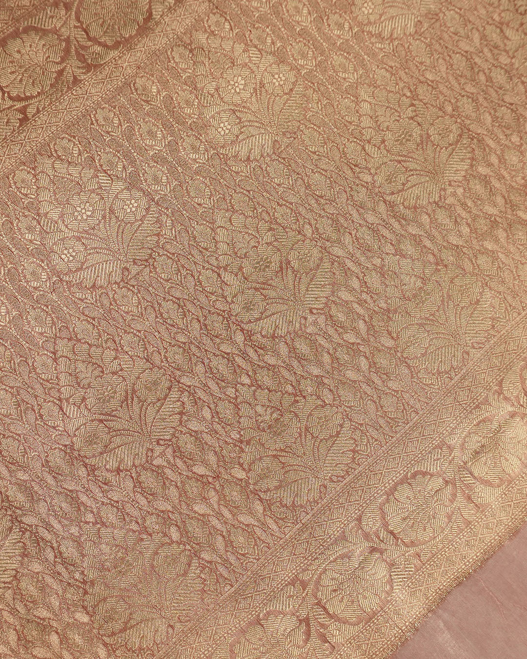 Soft Maroon Pure Tissue Silk with Woven Stripes and Heritage Gold Border