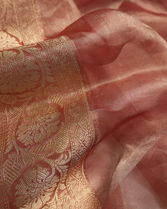 Soft Maroon Pure Tissue Silk with Woven Stripes and Heritage Gold Border
