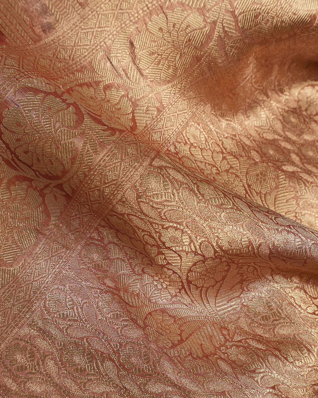 Soft Maroon Pure Tissue Silk with Woven Stripes and Heritage Gold Border