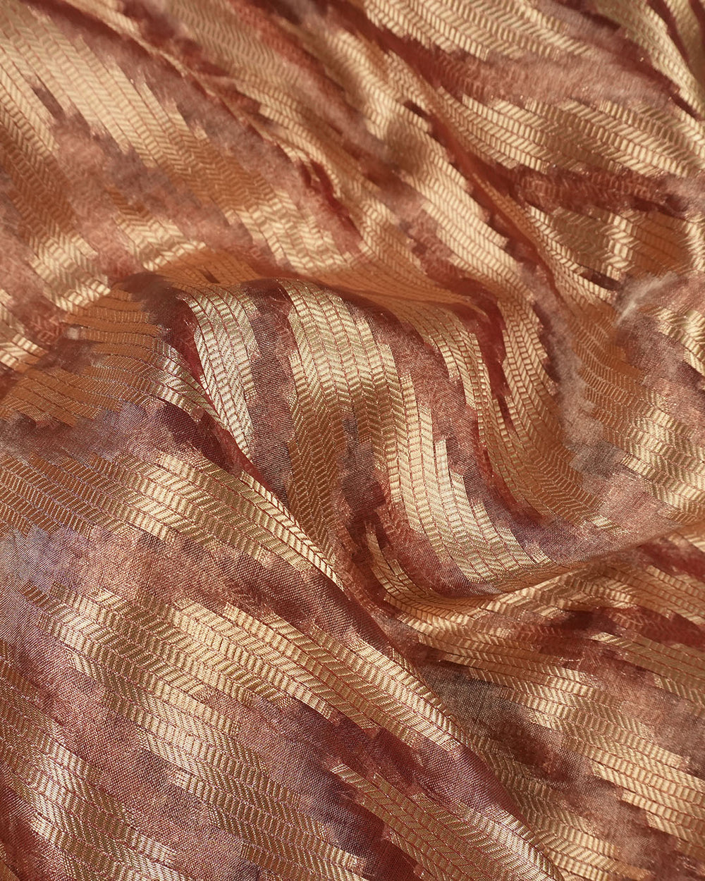 Soft Maroon Pure Tissue Silk with Woven Stripes and Heritage Gold Border