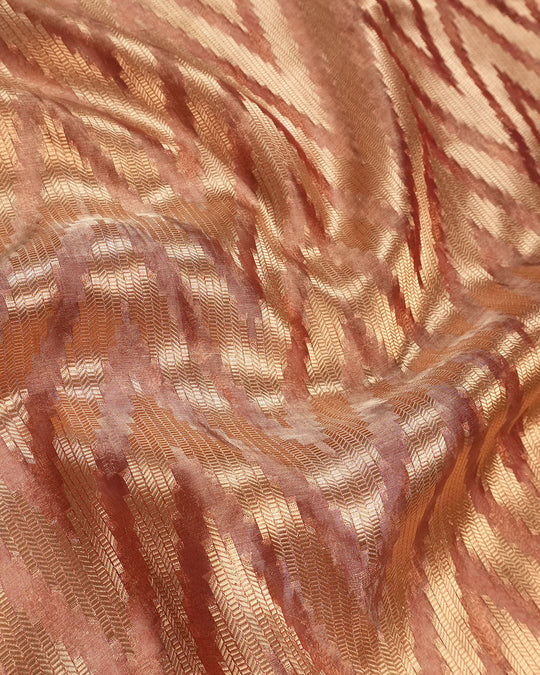 Soft Maroon Pure Tissue Silk with Woven Stripes and Heritage Gold Border