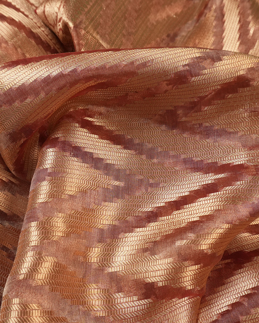 Soft Maroon Pure Tissue Silk with Woven Stripes and Heritage Gold Border
