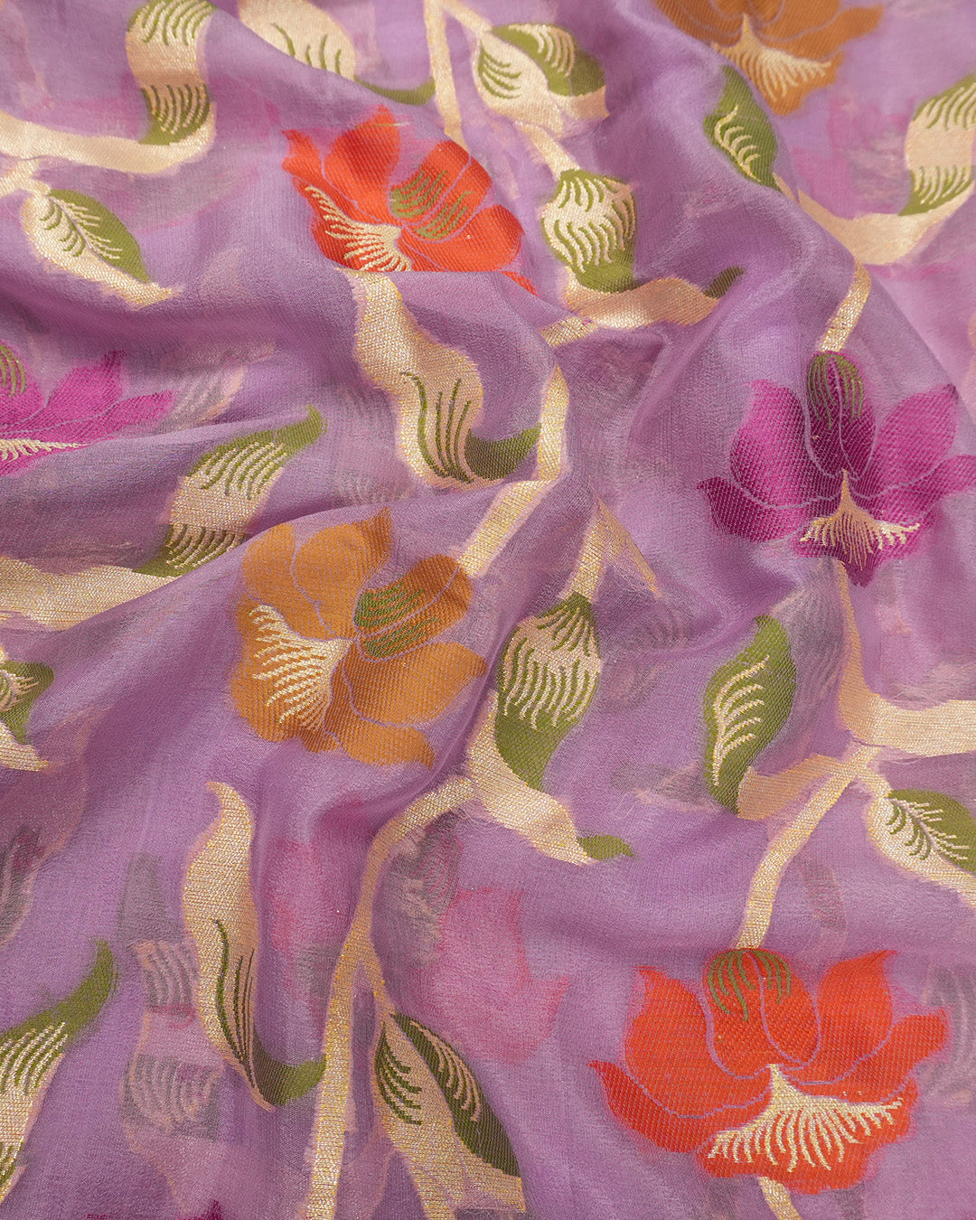 Deep Lilac Pure Chiffon Saree with Handwoven Blooming Trails and Zari