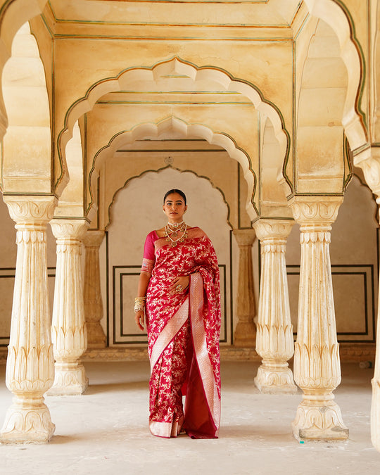 Rani Dynasty Pure Katan Saree with Floral Zari Jaal Weaves