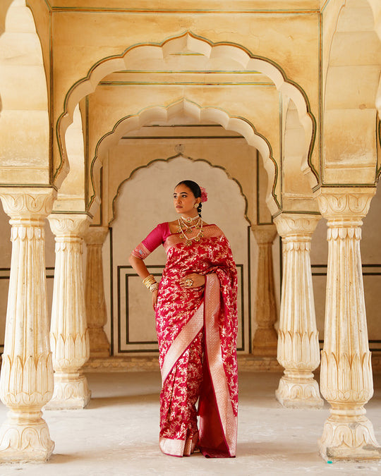 Rani Dynasty Pure Katan Saree with Floral Zari Jaal Weaves
