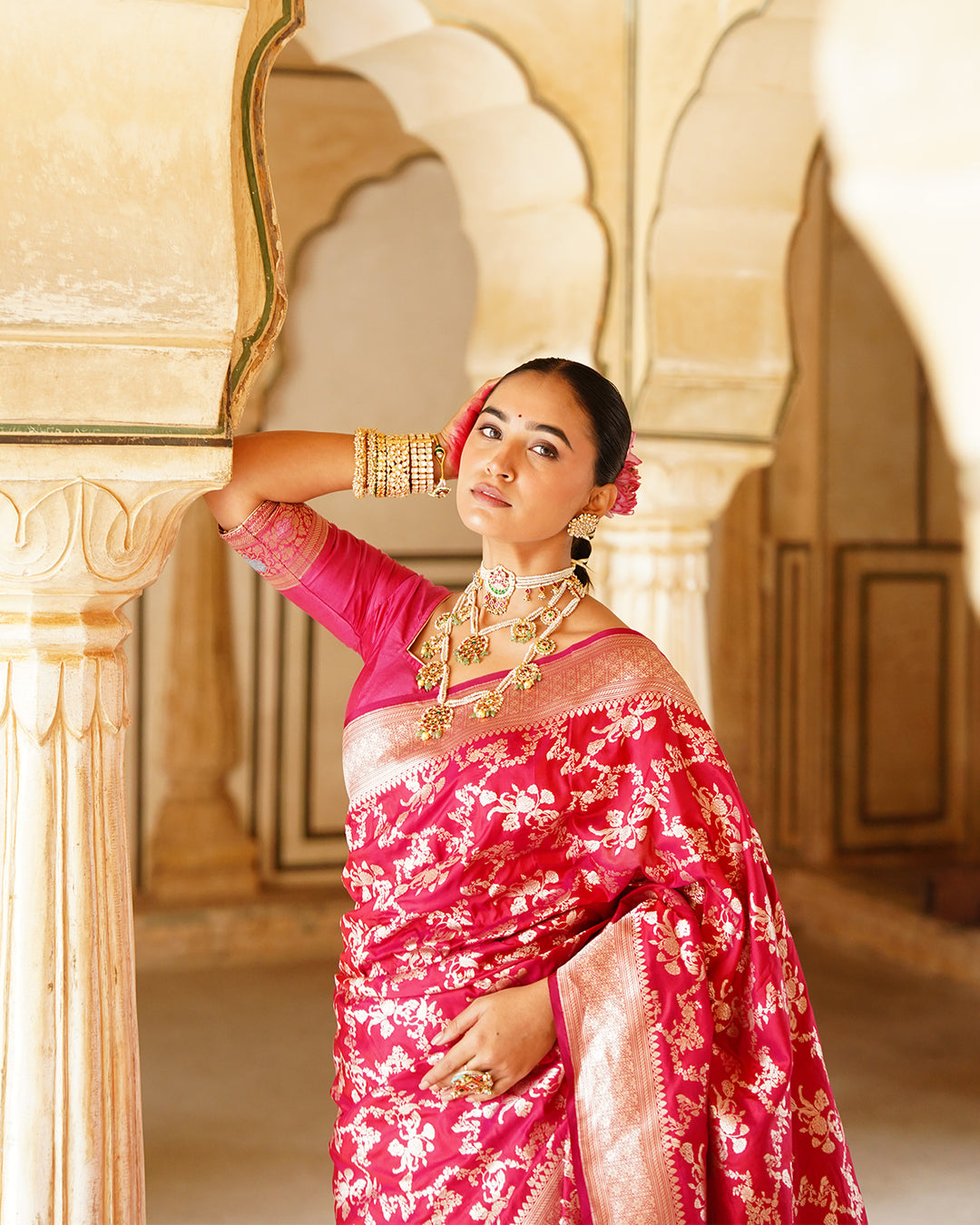 Rani Dynasty Pure Katan Saree with Floral Zari Jaal Weaves