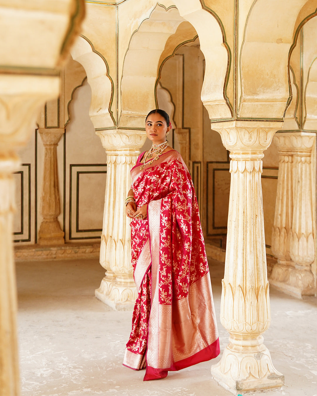 Rani Dynasty Pure Katan Saree with Floral Zari Jaal Weaves
