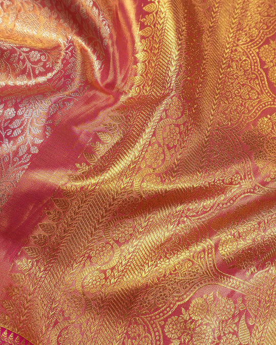 Magenta Pink Pure Kanjivaram Saree with Floral Weave and Paisley Border - katansi