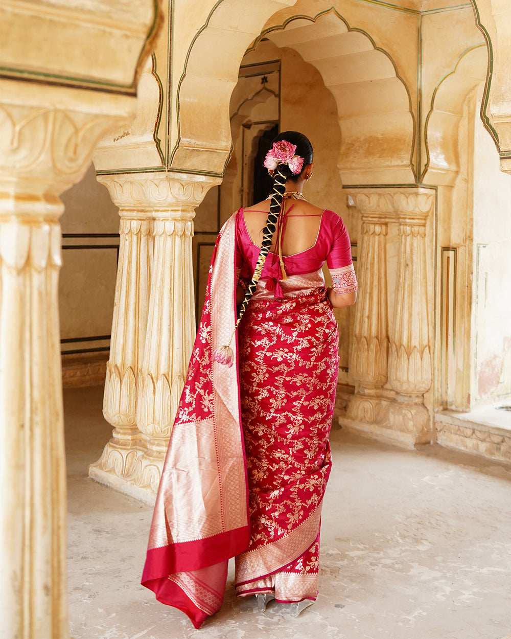 Rani Dynasty Pure Katan Saree with Floral Zari Jaal Weaves