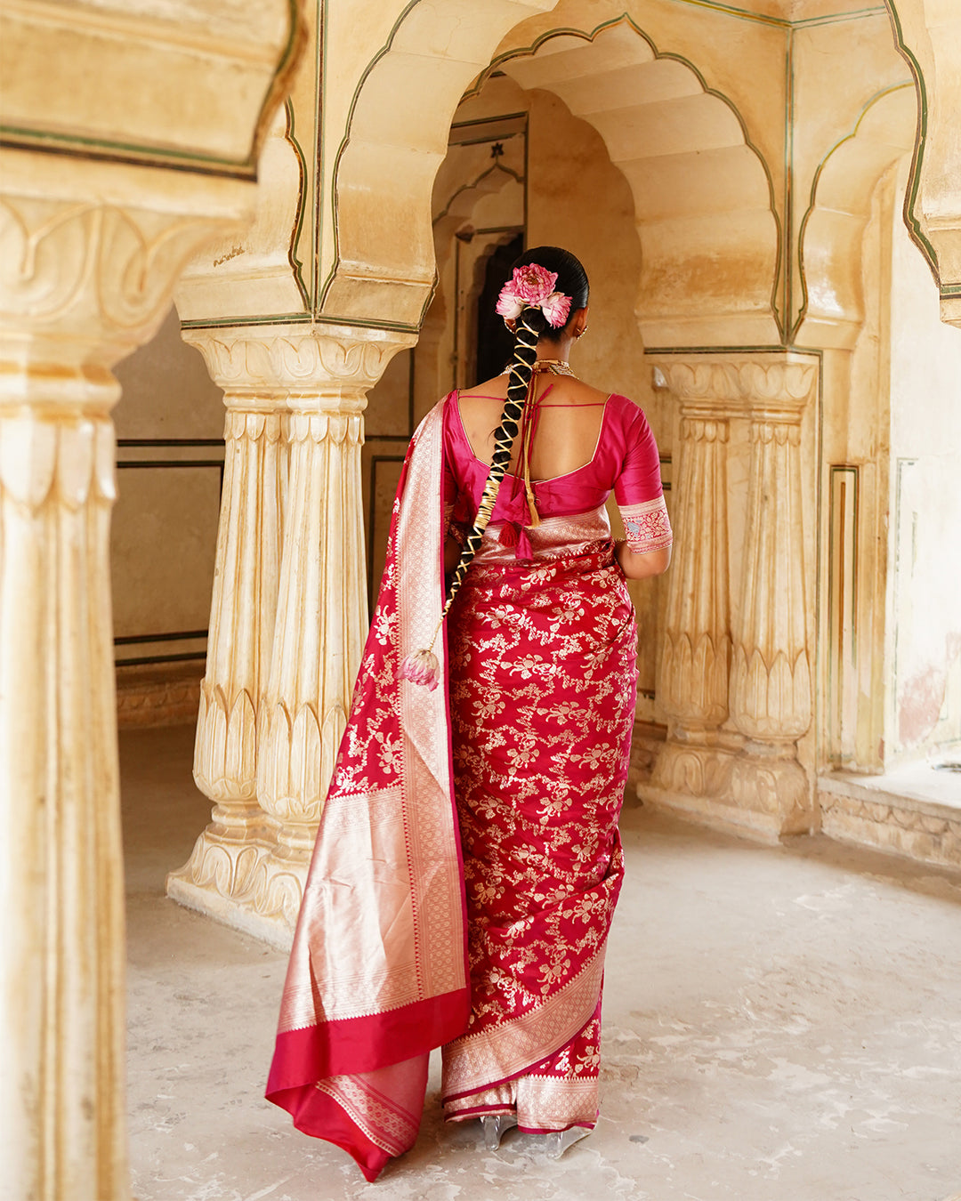 Rani Dynasty Pure Katan Saree with Floral Zari Jaal Weaves