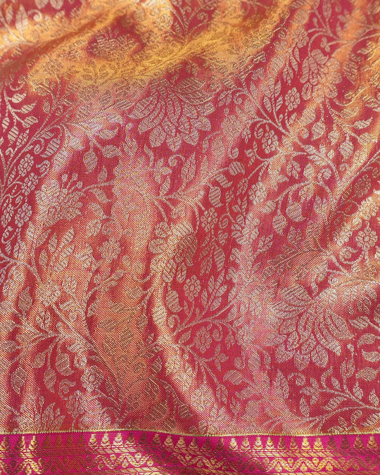 Magenta Pink Pure Kanjivaram Saree with Floral Weave and Paisley Border - katansi