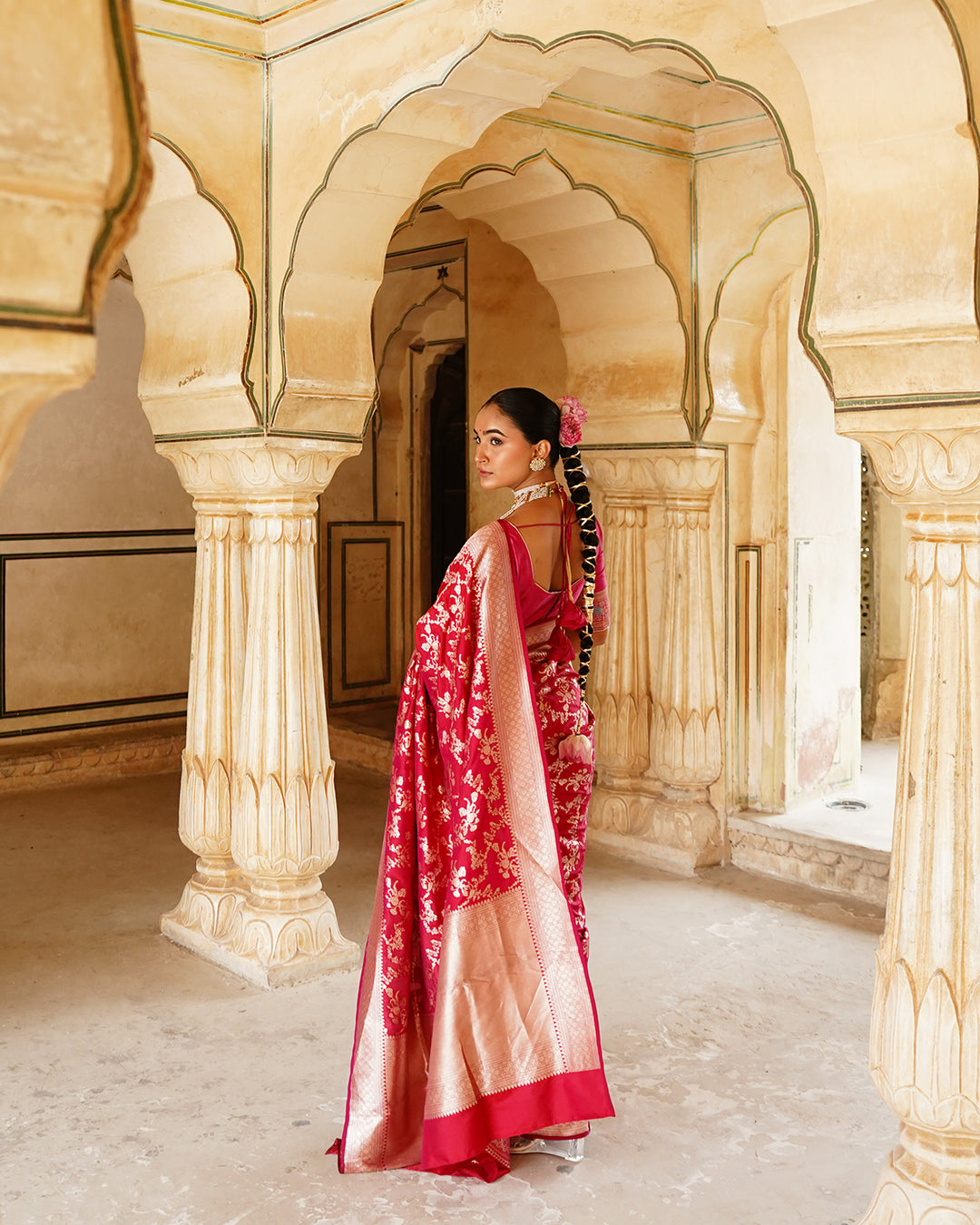 Rani Dynasty Pure Katan Saree with Floral Zari Jaal Weaves