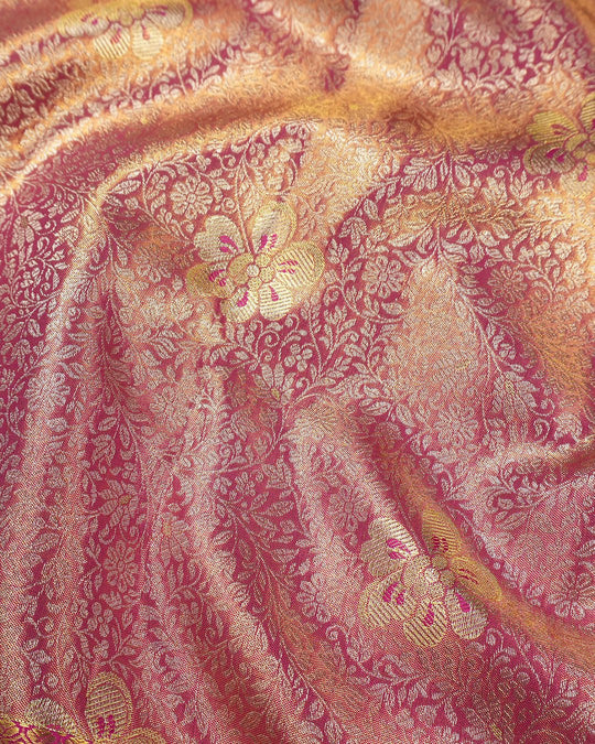 Pink Pure Kanjivaram Saree with Floral Jaal Weaves and Brocade Border - katansi