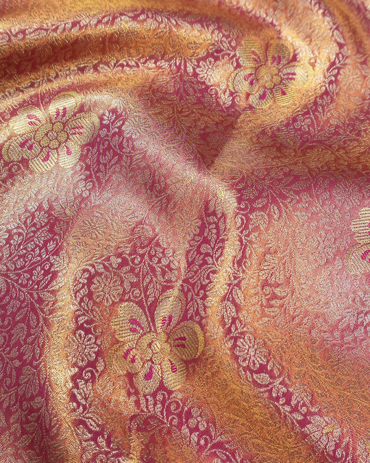Pink Pure Kanjivaram Saree with Floral Jaal Weaves and Brocade Border - katansi