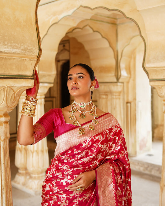 Rani Dynasty Pure Katan Saree with Floral Zari Jaal Weaves