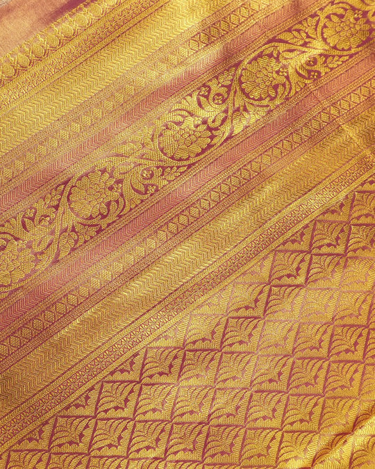 Pink Pure Kanjivaram Saree with Floral Jaal Weaves and Brocade Border - katansi