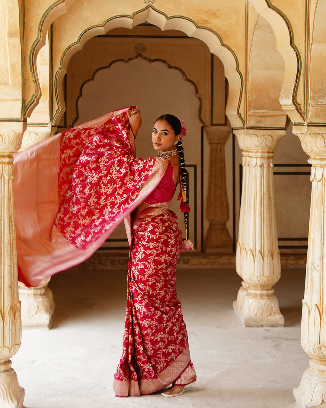Rani Dynasty Pure Katan Saree with Floral Zari Jaal Weaves