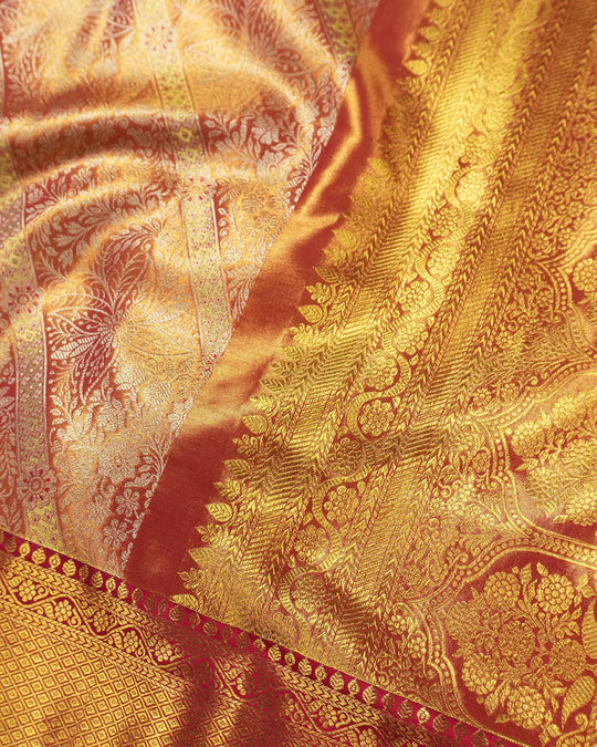 Rose Pink Pure Kanjivaram Saree with Diagonal Garden Motifs Weaves