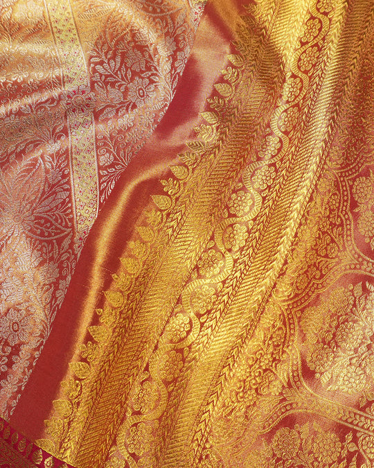 Rose Pink Pure Kanjivaram Saree with Diagonal Garden Motifs Weaves