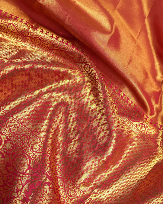 Rose Pink Pure Kanjivaram Saree with Diagonal Garden Motifs Weaves