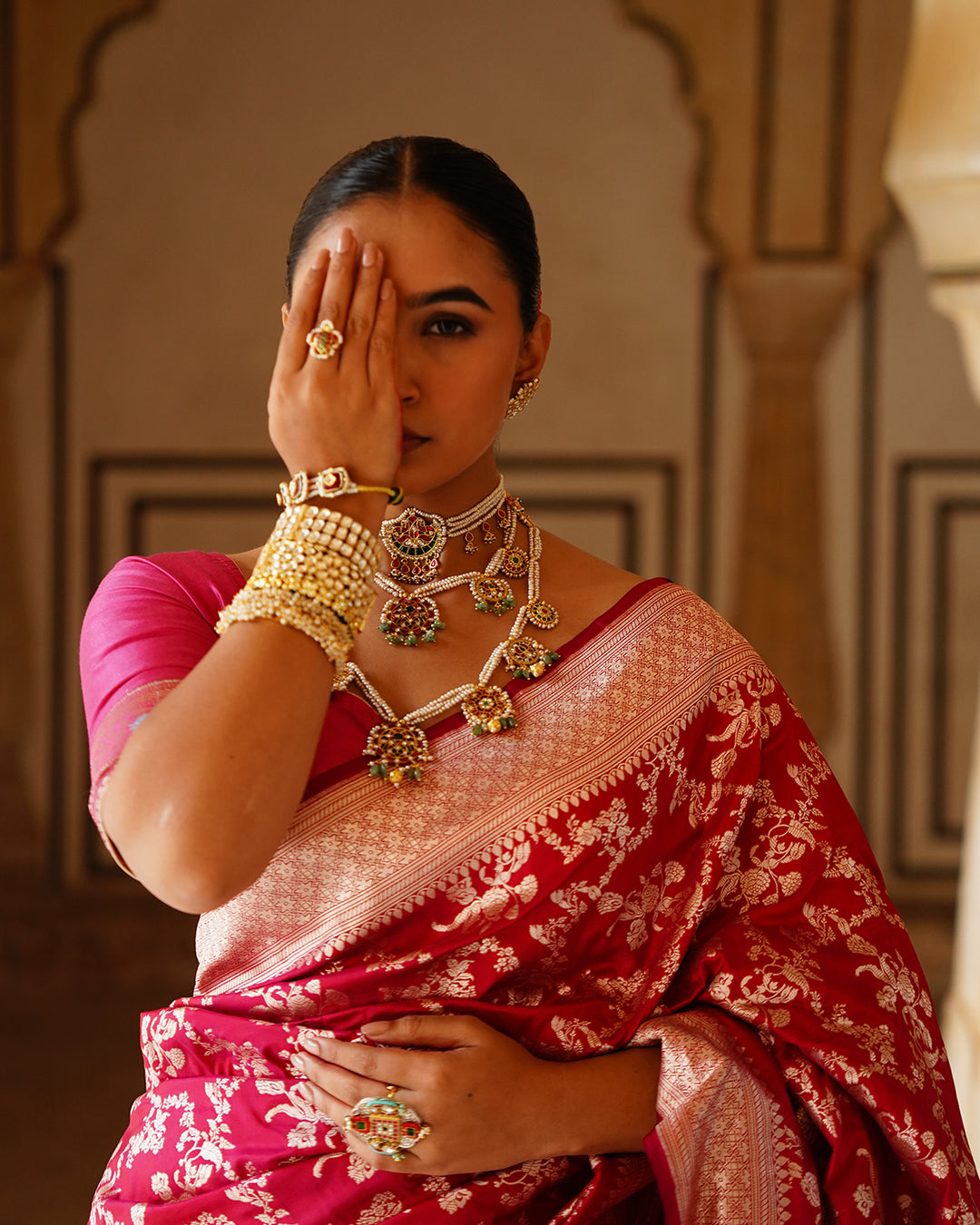 Rani Dynasty Pure Katan Saree with Floral Zari Jaal Weaves