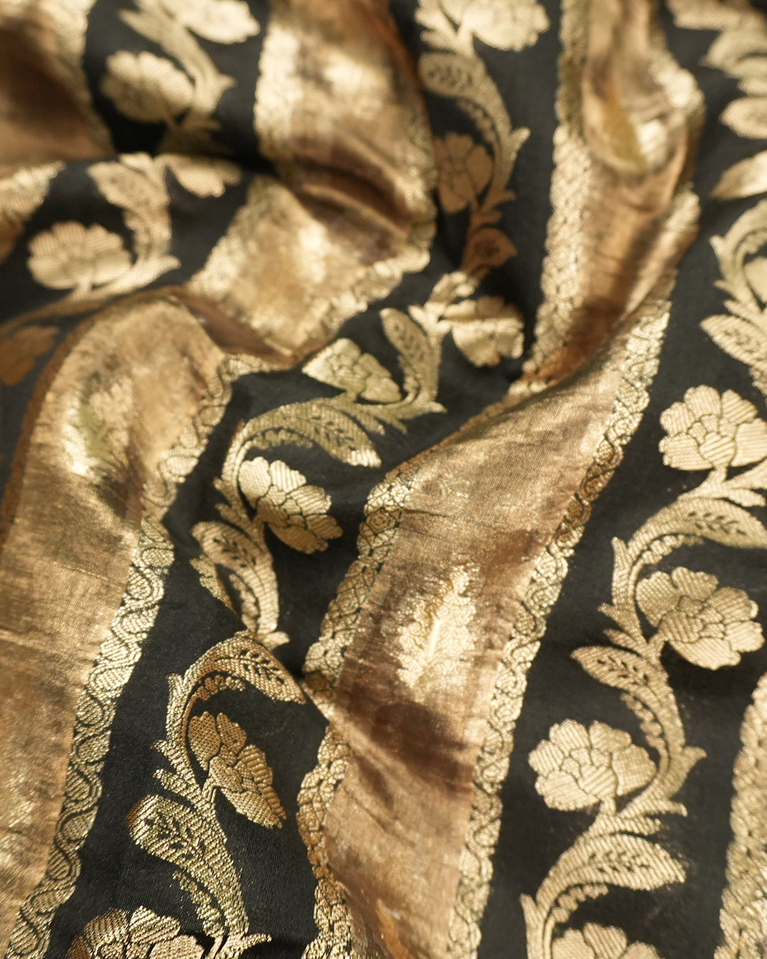 Black Pure Banarasi and Tissue Silk Saree with Royal Floral Stripe Weaves