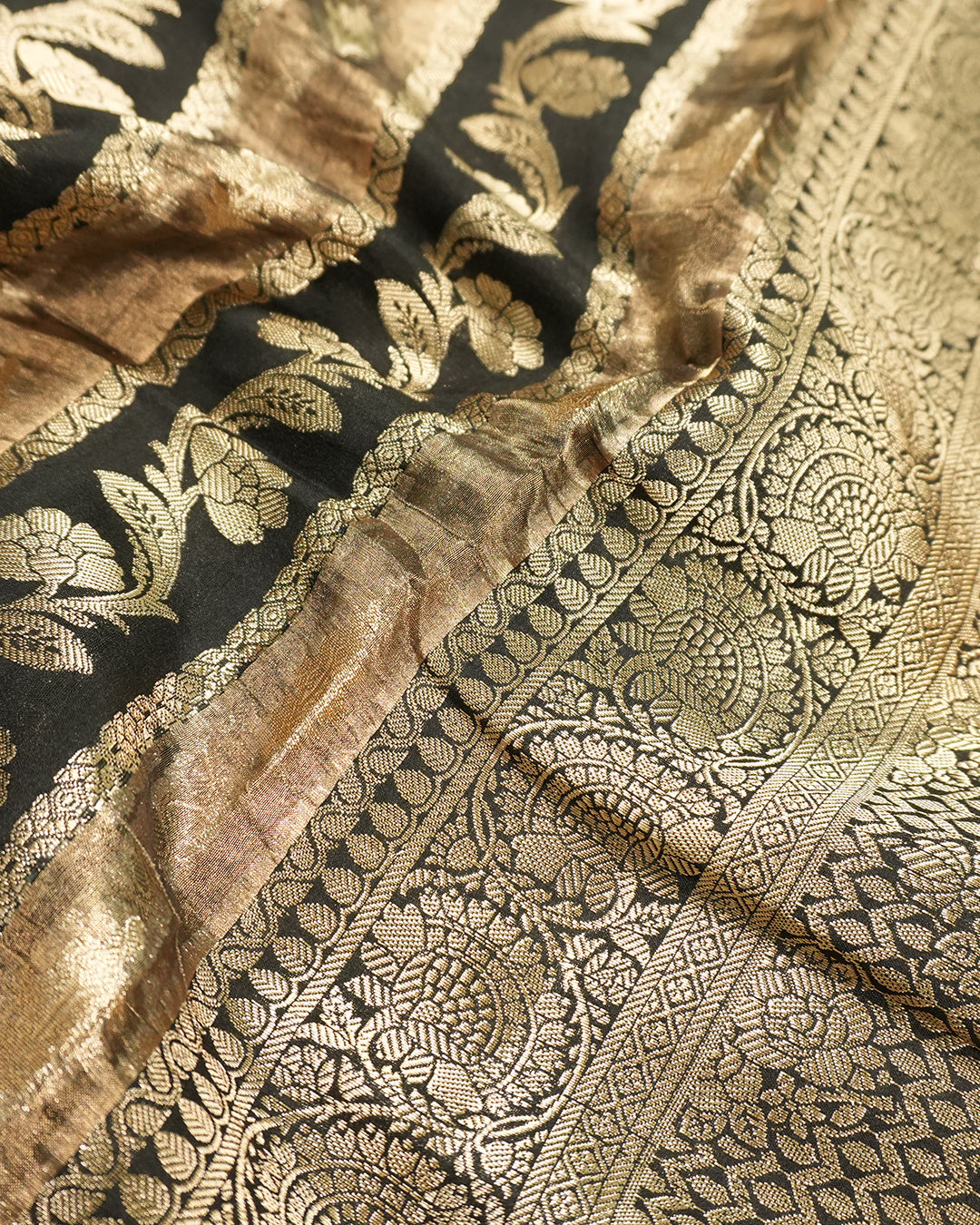 Black Pure Banarasi and Tissue Silk Saree with Royal Floral Stripe Weaves