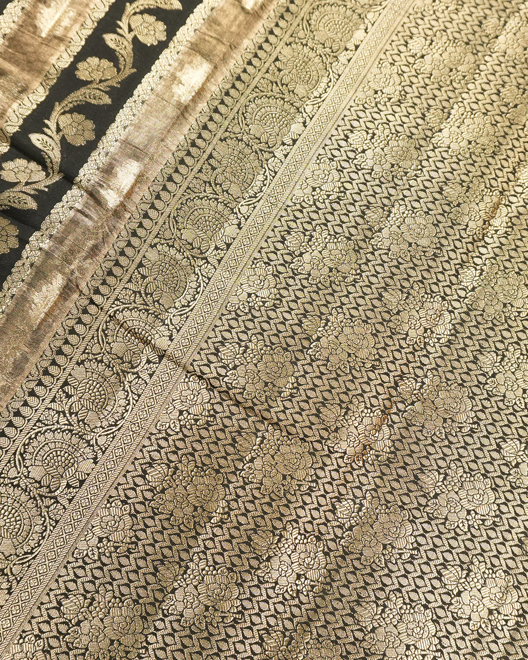 Black Pure Banarasi and Tissue Silk Saree with Royal Floral Stripe Weaves