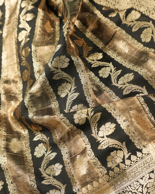 Black Pure Banarasi and Tissue Silk Saree with Royal Floral Stripe Weaves