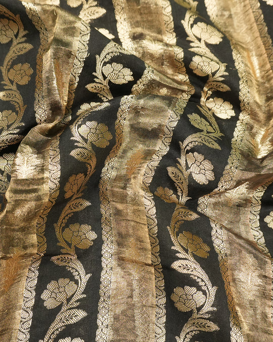 Black Pure Banarasi and Tissue Silk Saree with Royal Floral Stripe Weaves
