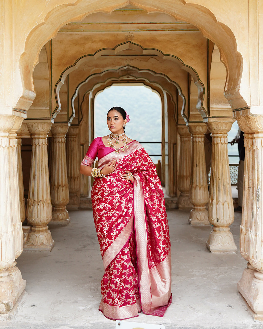 Rani Dynasty Pure Katan Saree with Floral Zari Jaal Weaves