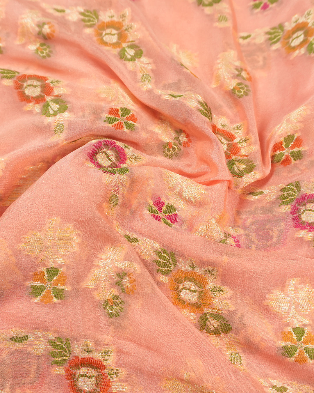 Soft Peach Pure Chiffon Saree with Floral Meenakari Weaves