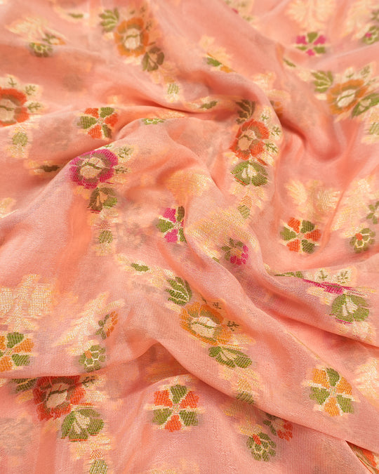 Soft Peach Pure Chiffon Saree with Floral Meenakari Weaves