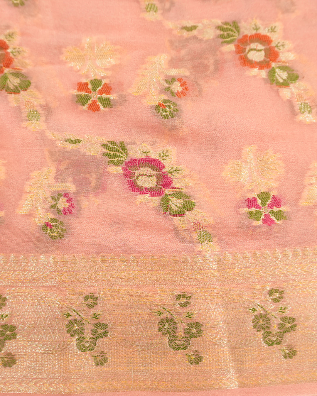 Soft Peach Pure Chiffon Saree with Floral Meenakari Weaves