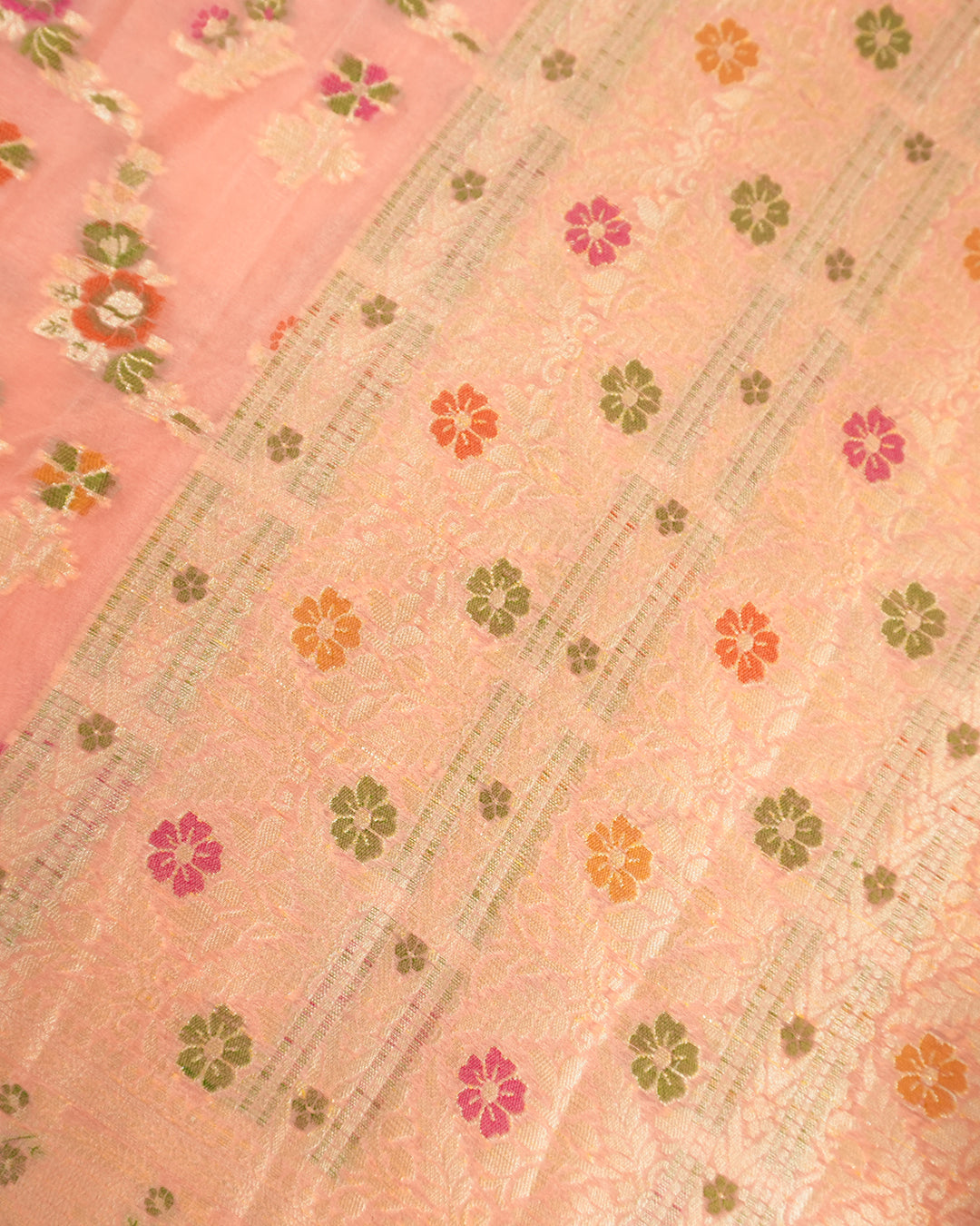 Soft Peach Pure Chiffon Saree with Floral Meenakari Weaves