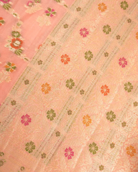 Soft Peach Pure Chiffon Saree with Floral Meenakari Weaves