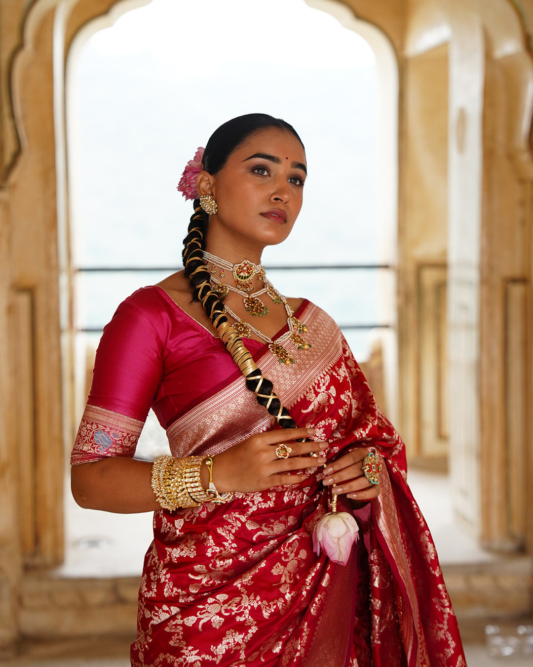 Rani Dynasty Pure Katan Saree with Floral Zari Jaal Weaves