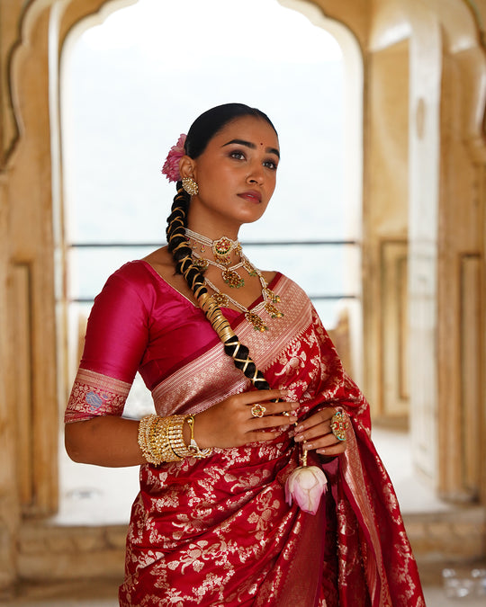 Rani Dynasty Pure Katan Saree with Floral Zari Jaal Weaves