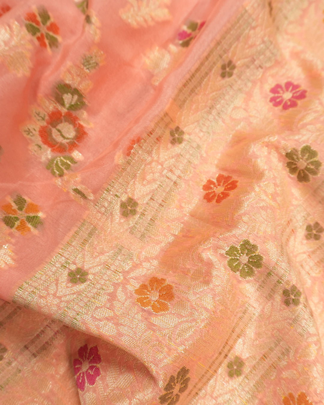 Soft Peach Pure Chiffon Saree with Floral Meenakari Weaves