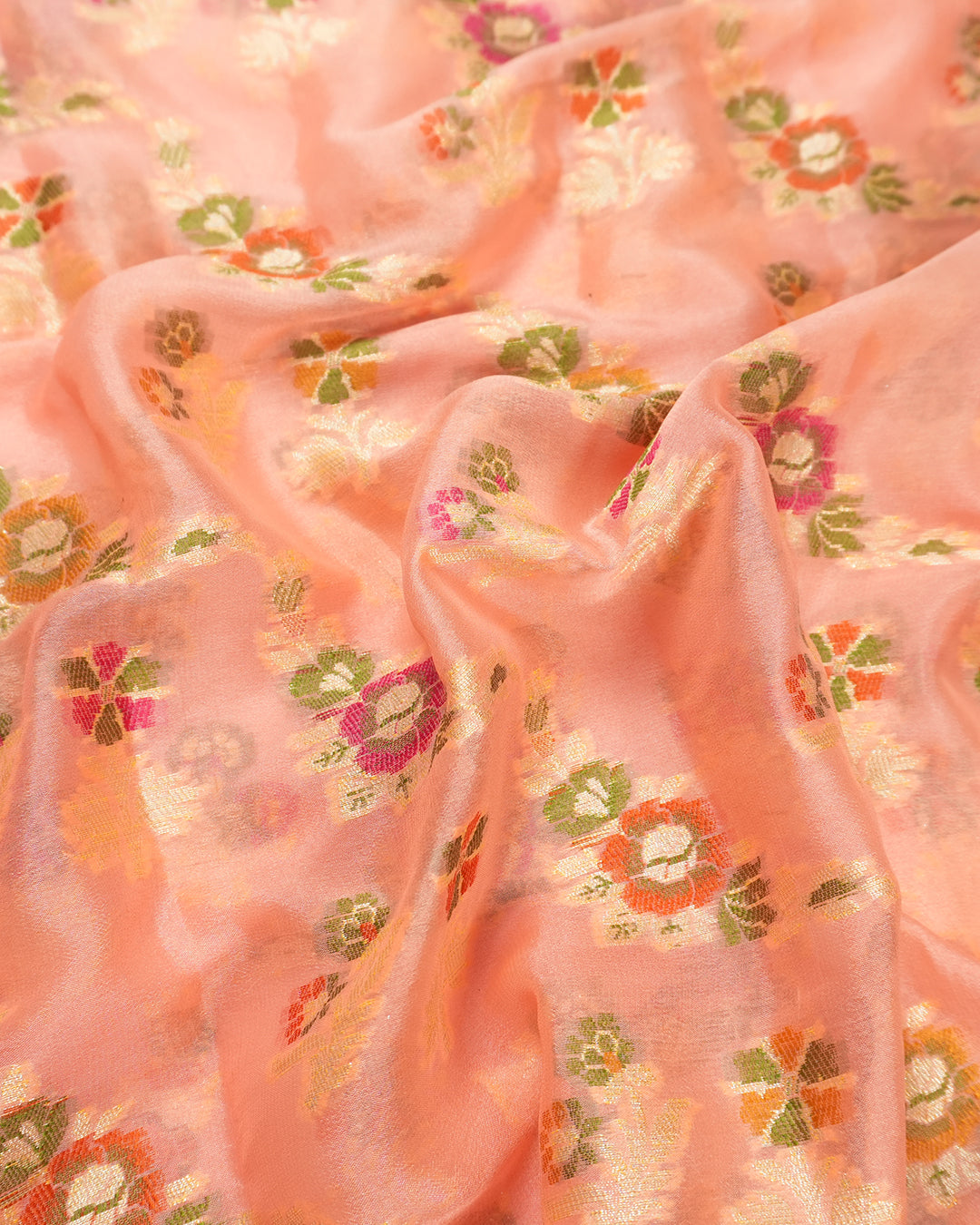 Soft Peach Pure Chiffon Saree with Floral Meenakari Weaves