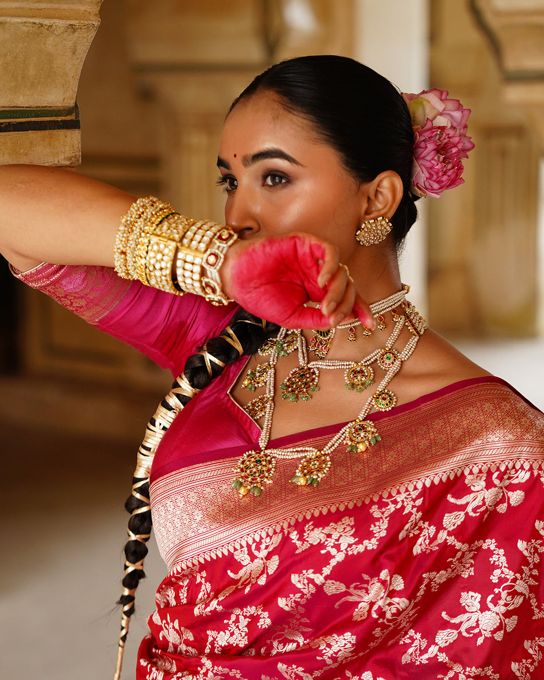 Rani Dynasty Pure Katan Saree with Floral Zari Jaal Weaves