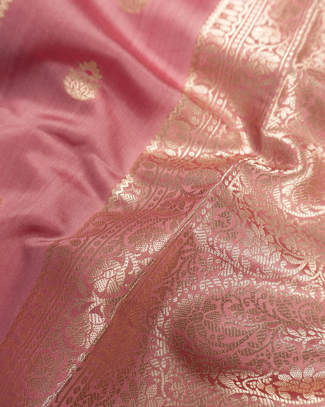Pink Pure Banarasi Saree with Gold Buti and Ornate Meenakari Border